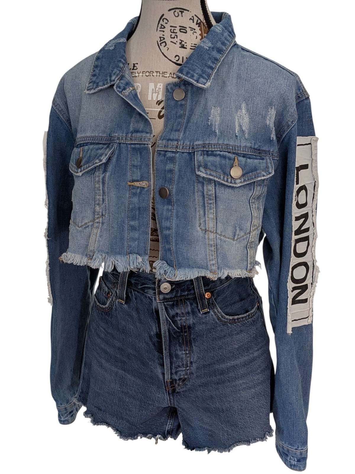 American Bazi Cropped Denim Fashion Tour Jacket Distressed Patchwork Raw Hem Med