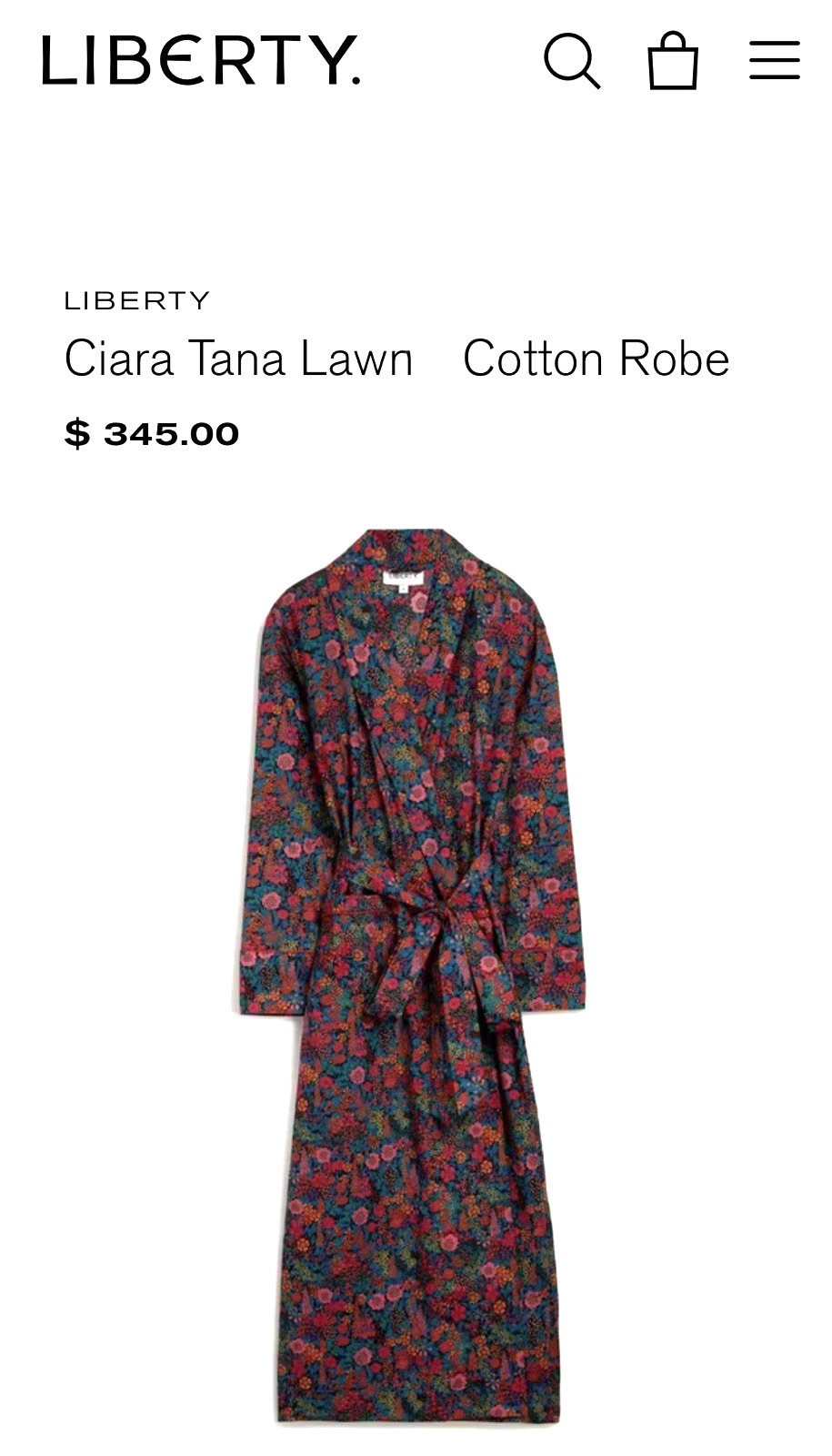 LIBERTY OF LONDON CIARA TANA LAWN COTTON ROBE FLORAL PATTERN SIZE XL NEW