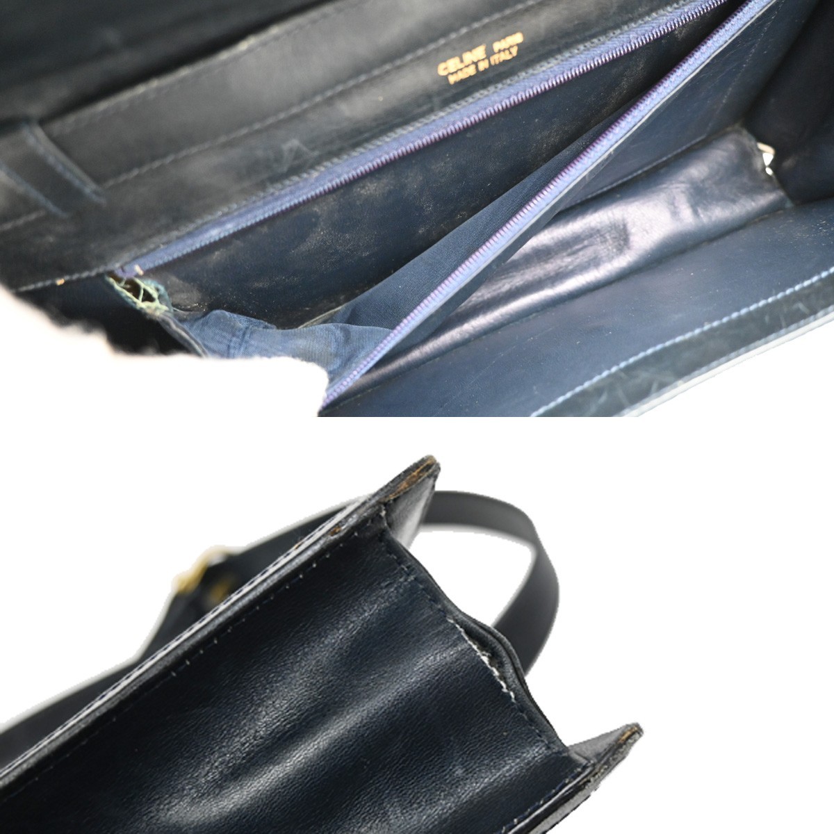 CELINE Logo C Macadam Horse Carriage Shoulder Bag Canvas Leather Blue 68KP174