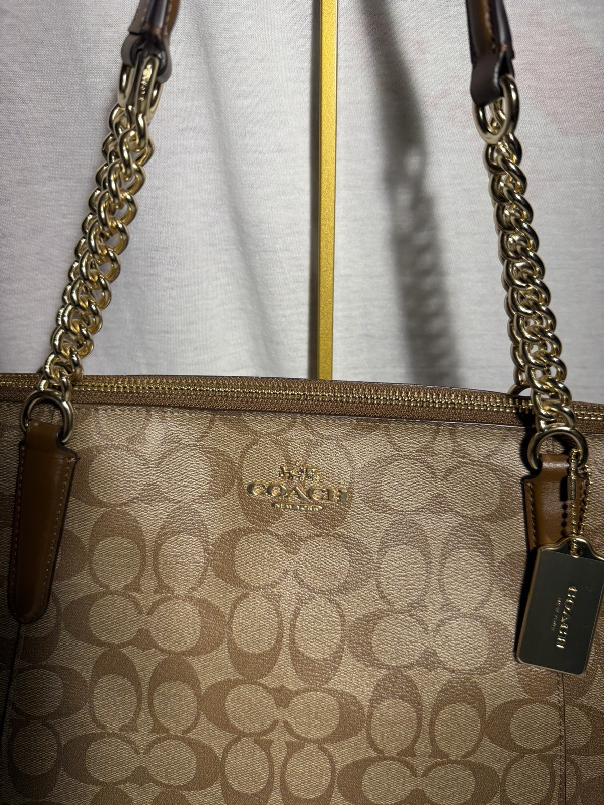 NEW NWT Coach Signature Ava Chain Tote Handbag Purse Khaki Shoulder Bag #23526