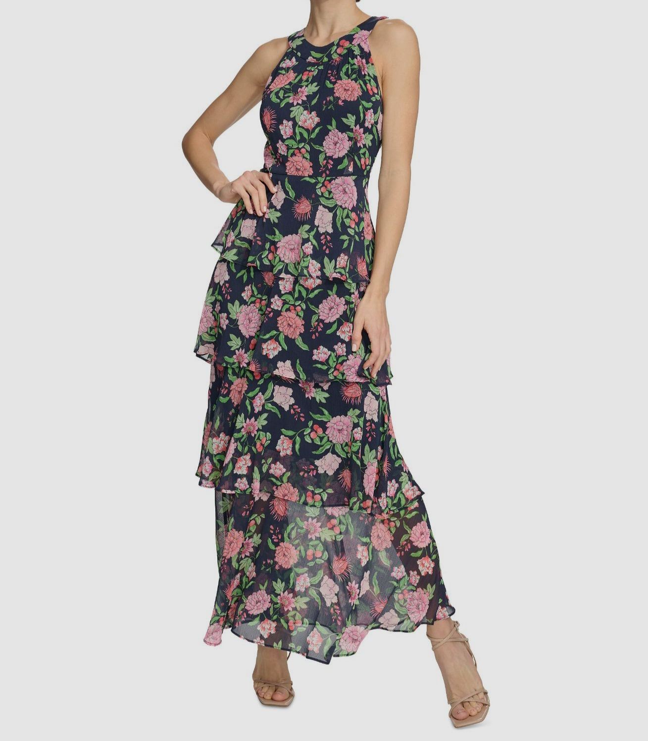 Tommy Hilfiger Women’s Blue Chiffon Floral Ruffled Halter A-Line Dress Size 8