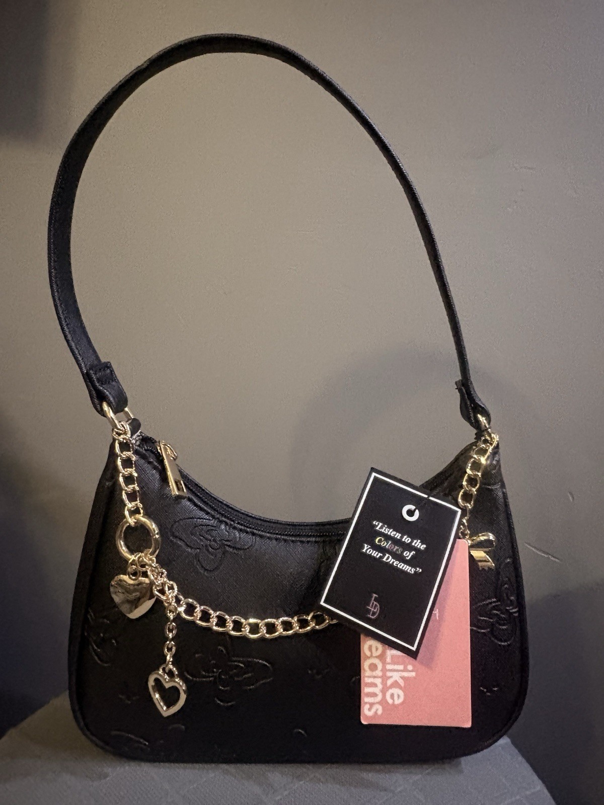 Black Crescent Shoulder Bag Embossed Logo Zip Gold Chain Strap Heart Charm