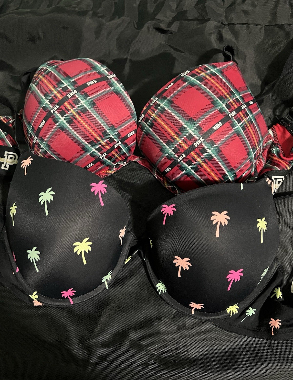 Two PINK Victoria’s Secret Plaid Red & Black Palm Print Padded Bras. 32DD