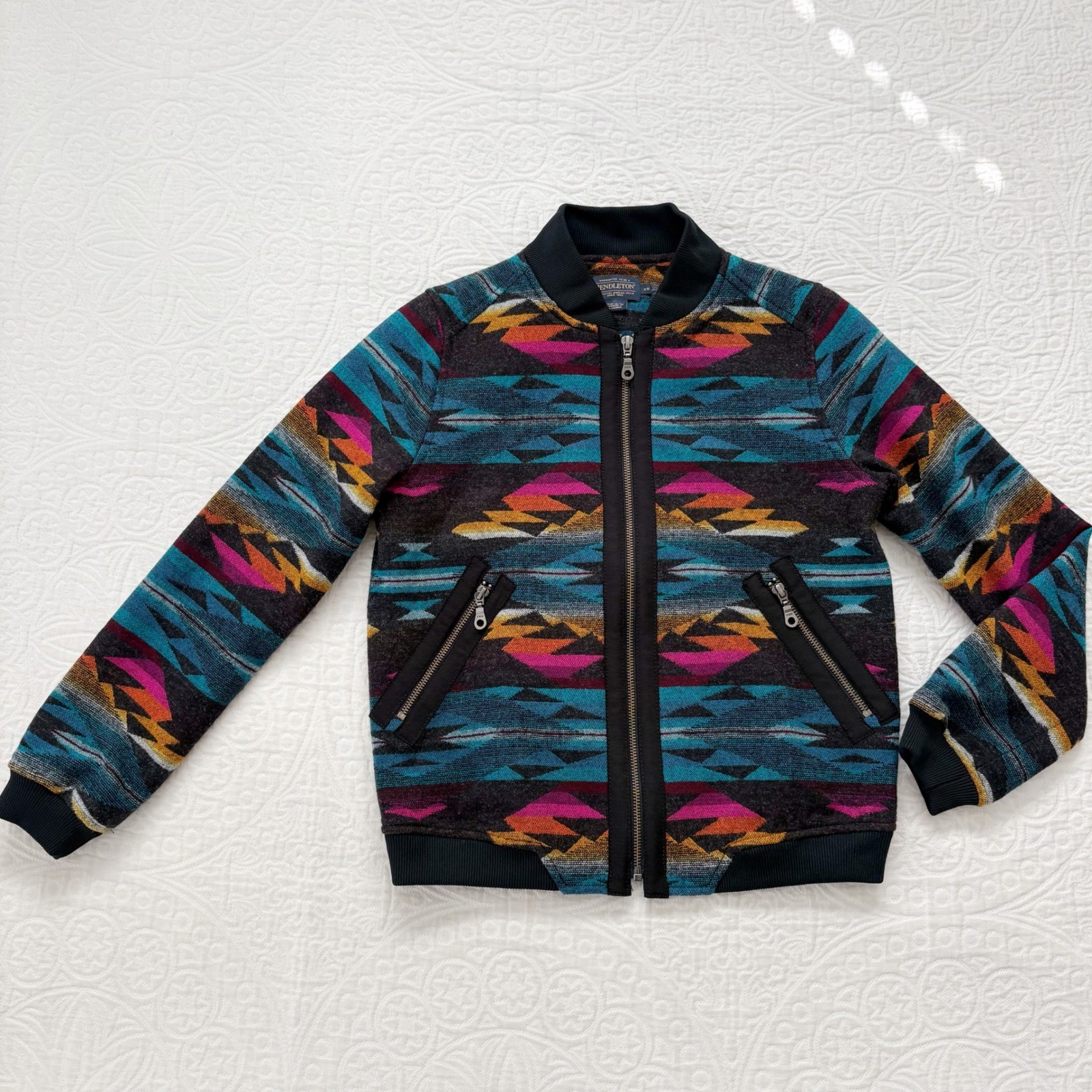 RARE Pendleton Women’s Wool Bomber Jacket, Colorful Southwest Geometric Pattern