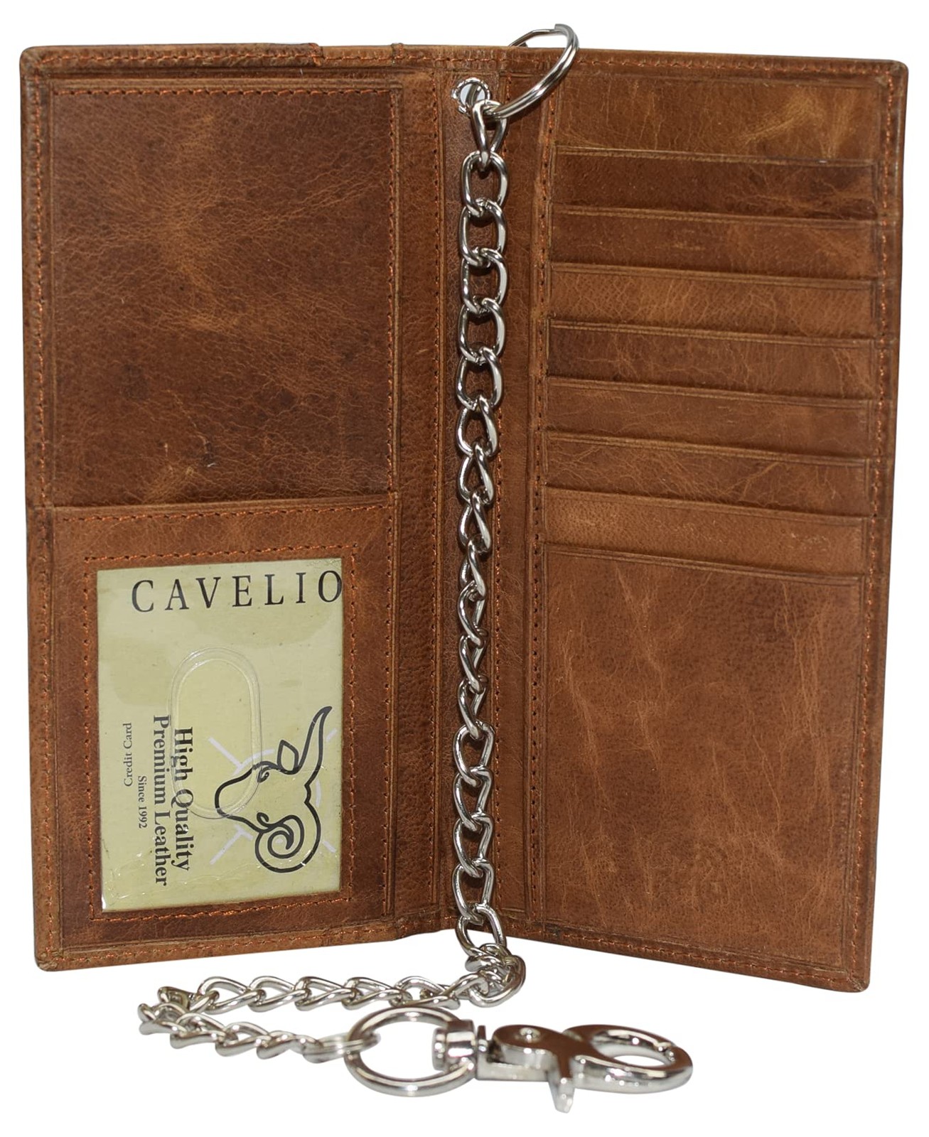 Cavelio Genuine Leather Men’s Chain Biker Wallet Long Bifold Tan with