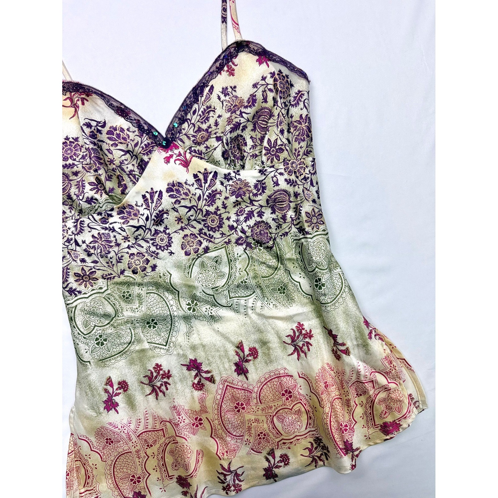 Xhilaration Y2K Vintage Paisley Floral Satin Camisole Top Purple Green Medium