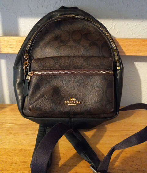 Coach Charlie Signature Canvas Backpack Brown Black Gold Zipper Closure Pockets