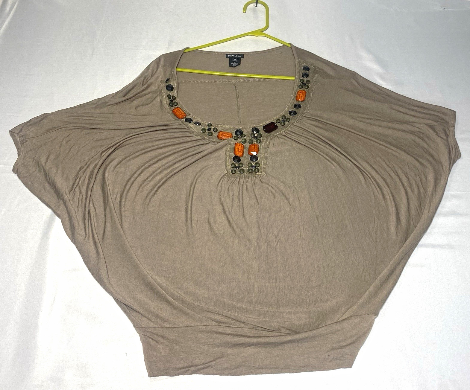 Rue21 Womens Small Beaded Dolman Batwing Top Taupe Boho Rayon Stretch