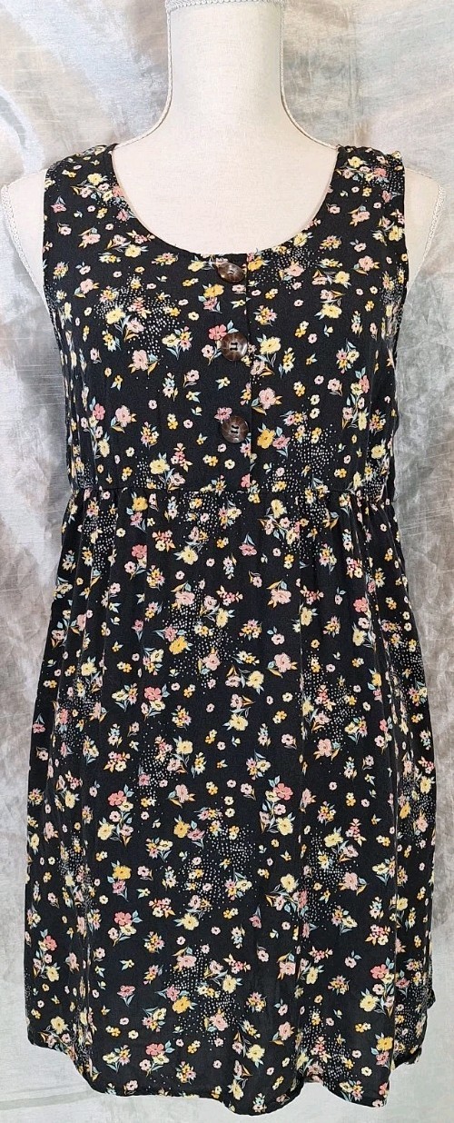 A.U.W. SzS Sleeveless Floral Tank Dress Faux Button Front Chest Scoop Neck Boho
