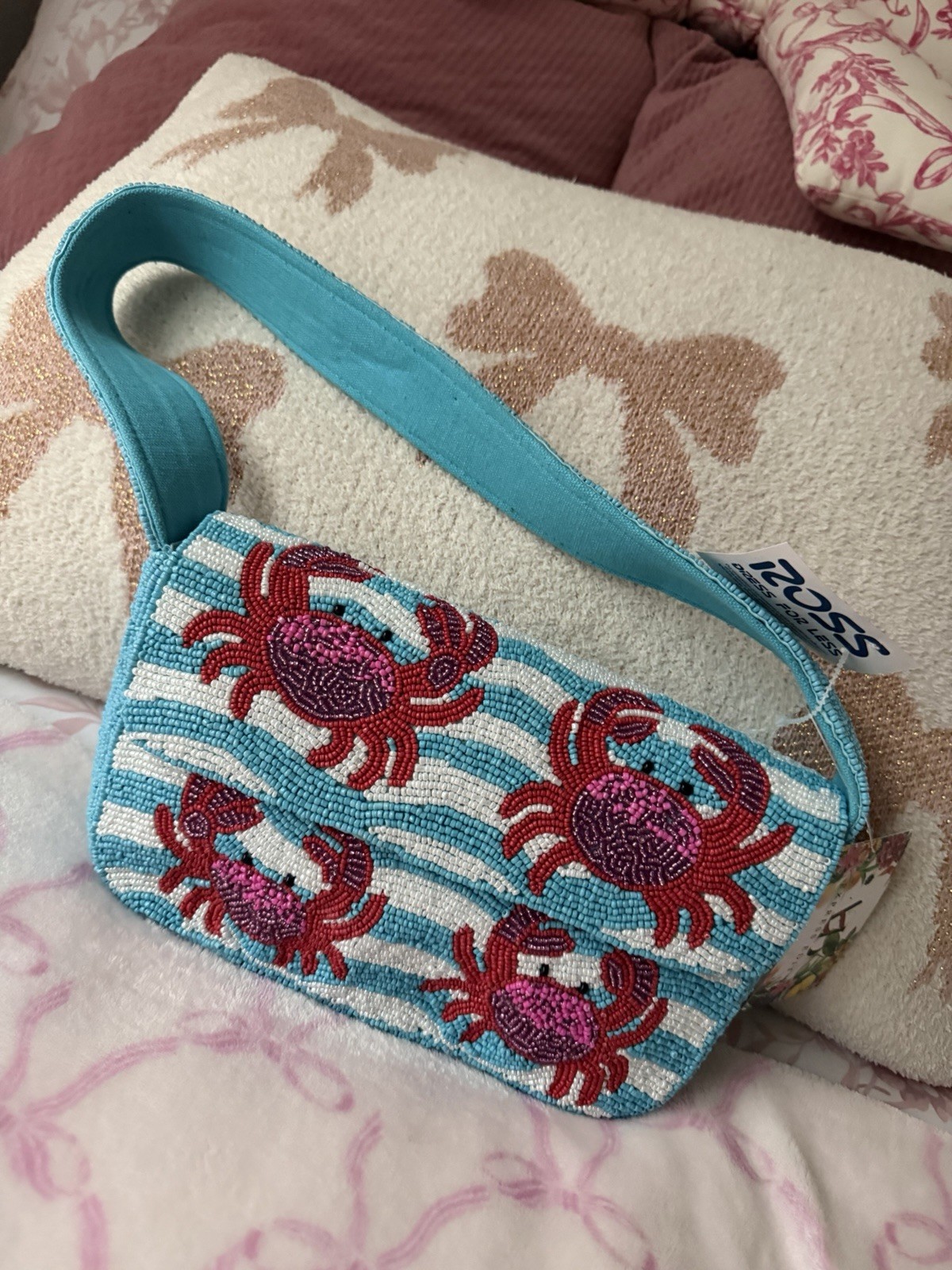 Beaded Crab Striped Blue White Small Shoulder Bag Lined Snap Inner Pockets