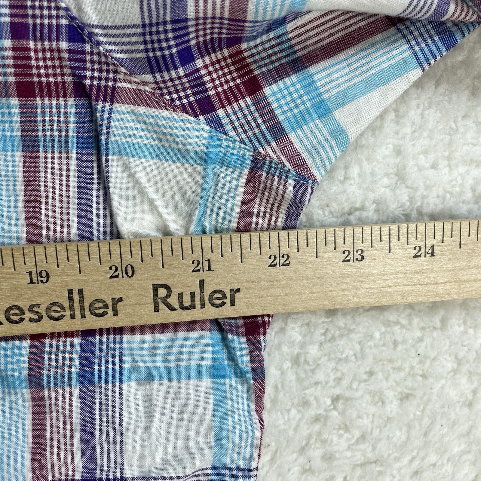 Wrangler Blues Shirt Womens Sz Large Red Blue Purple Plaid Western Pearl Snap