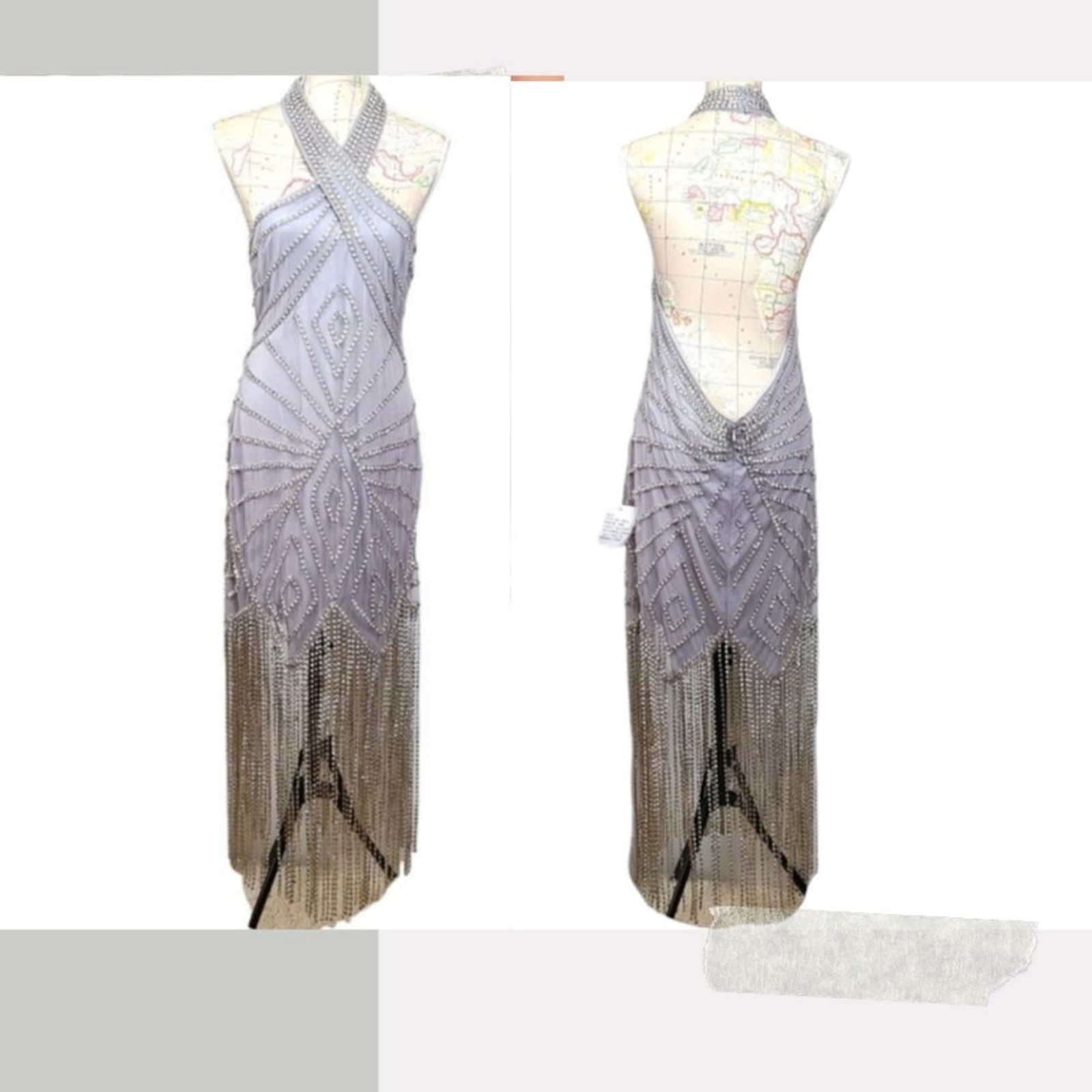 ASOS Design Size 14 Last Showgirl Silver Rhinestone Halterneck Fringed Dress NWT