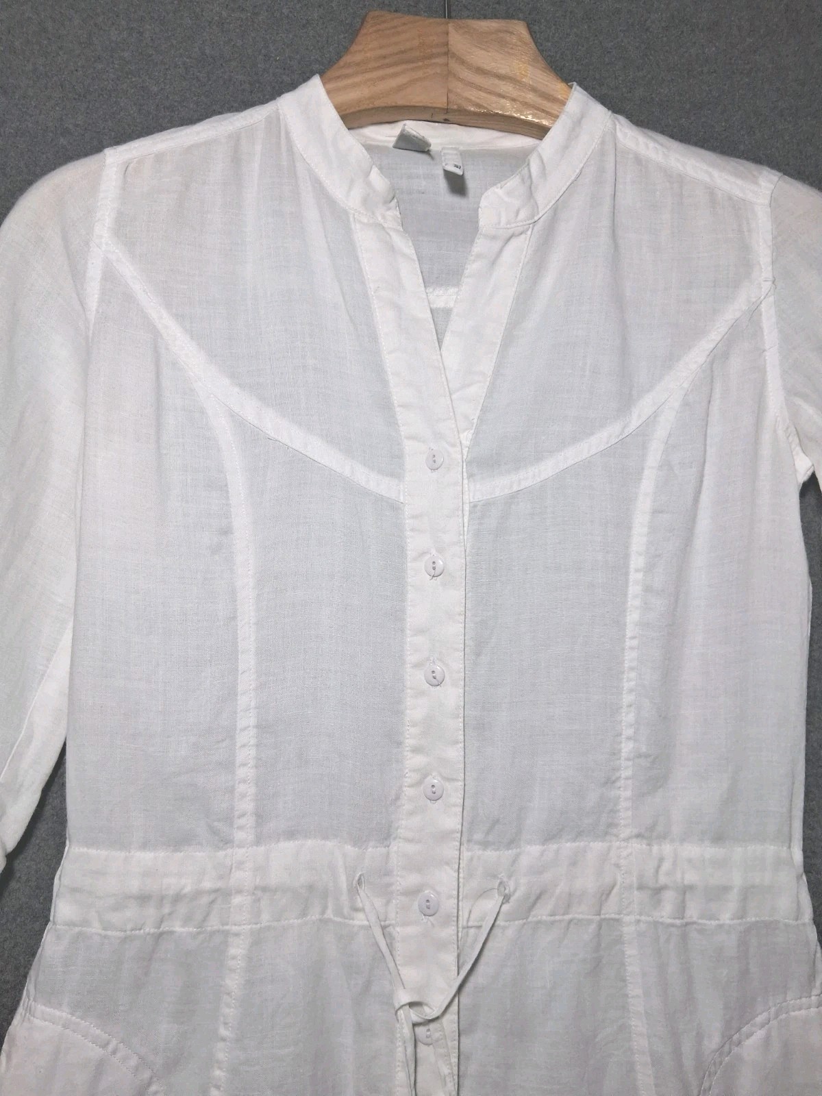 MNG Basics Womens Shirt XS White 100% Ramie Button Up Roll Tab Sleeve Drawstring