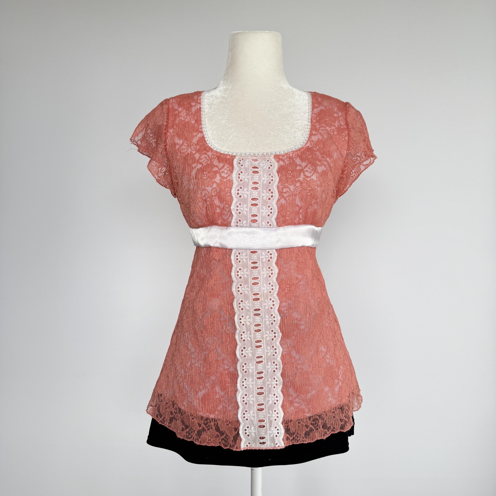 Vanity Tunic Blouse Womens M Pink Lace Square Neck Belted Flutter Sleeve Top