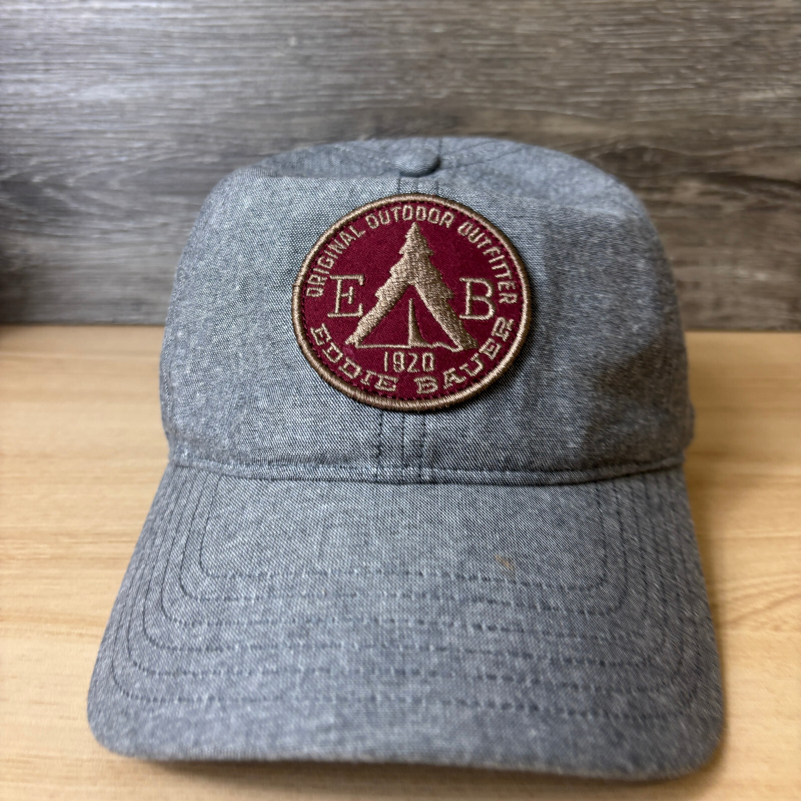 Eddie Bauer Hat Cap Strap Back Gray Camping Hiking Vintage Logo Outdoors