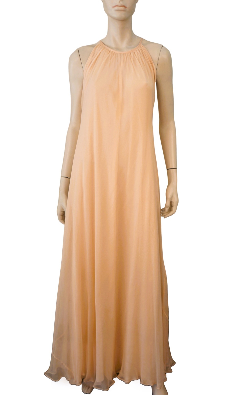 Peach Chiffon Halter Neck Maxi Dress Flowy Formal Evening Gown