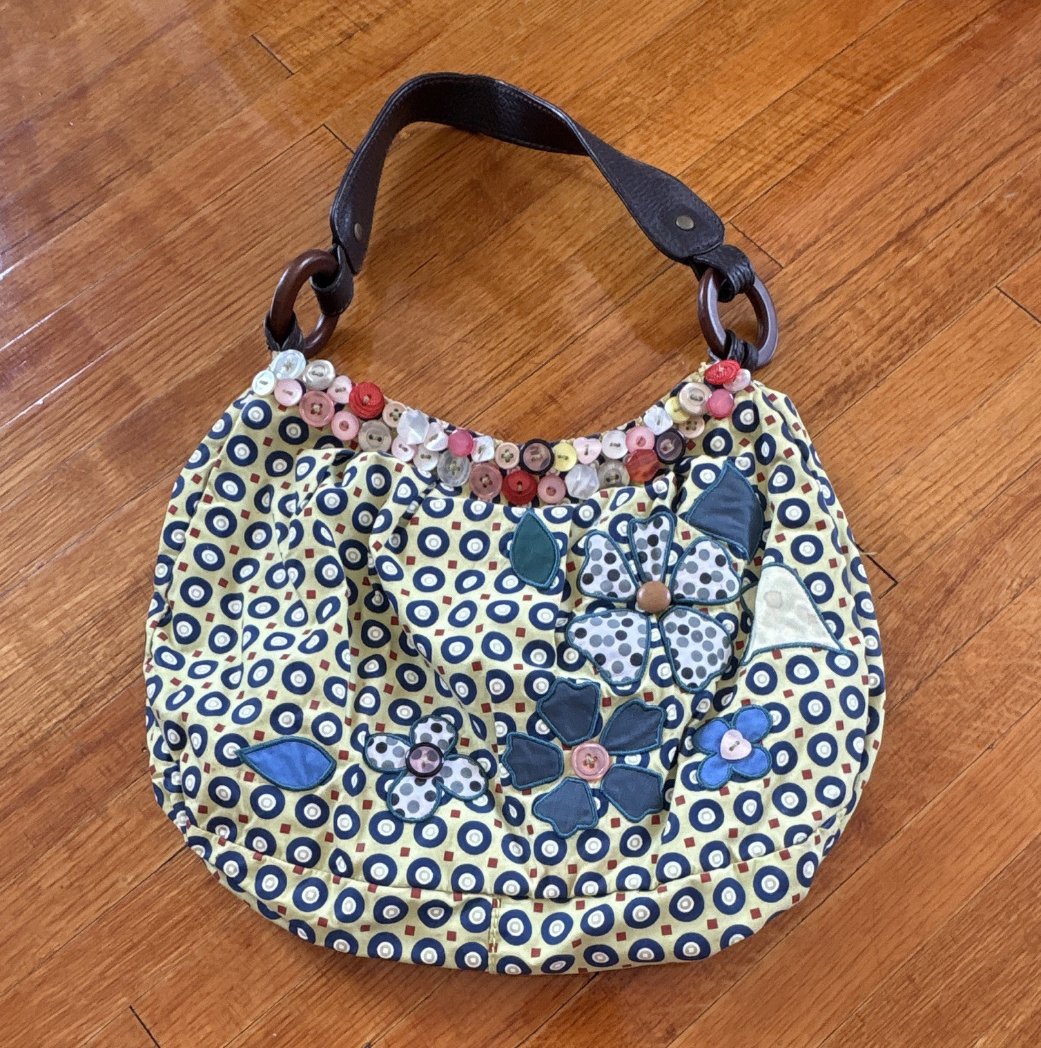 Geometric Floral Applique Hobo Shoulder Bag Cream Blue Multicolor Brown Strap