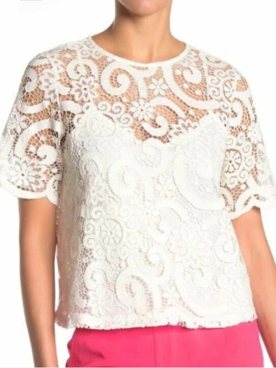 Nanette Lepore Brilliant White Floral Lace Cotton Blend Tie Back Top Size Large