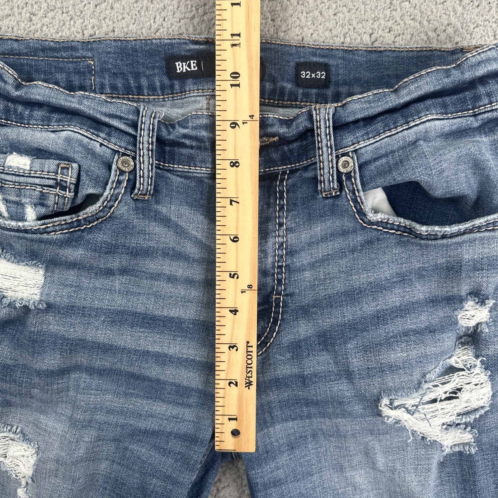 BKE Buckle Alec Slim Straight Jeans Men 32×32 Blue Stretch Whiskered Distressed