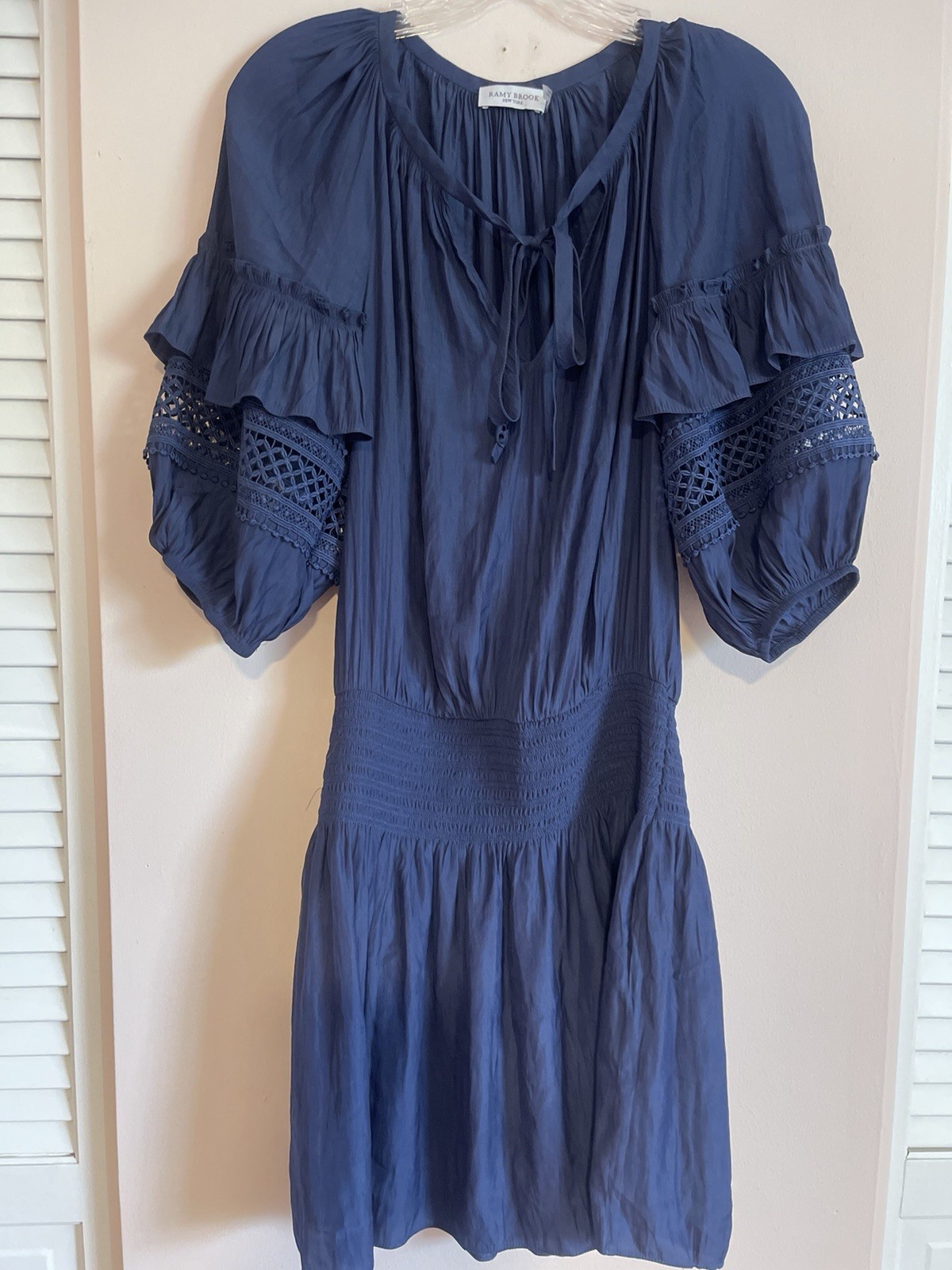 Ramy Brook New York Blue Solid Mini Dress S V-Neck Smocked Balloon 3/4 Sleeve