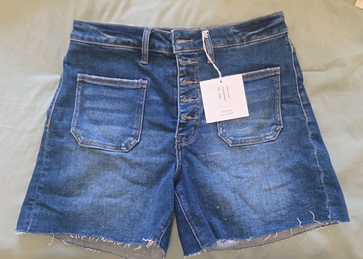 Love Velvet LV1306 High Rise Denim Cut Off Shorts Size L Blue