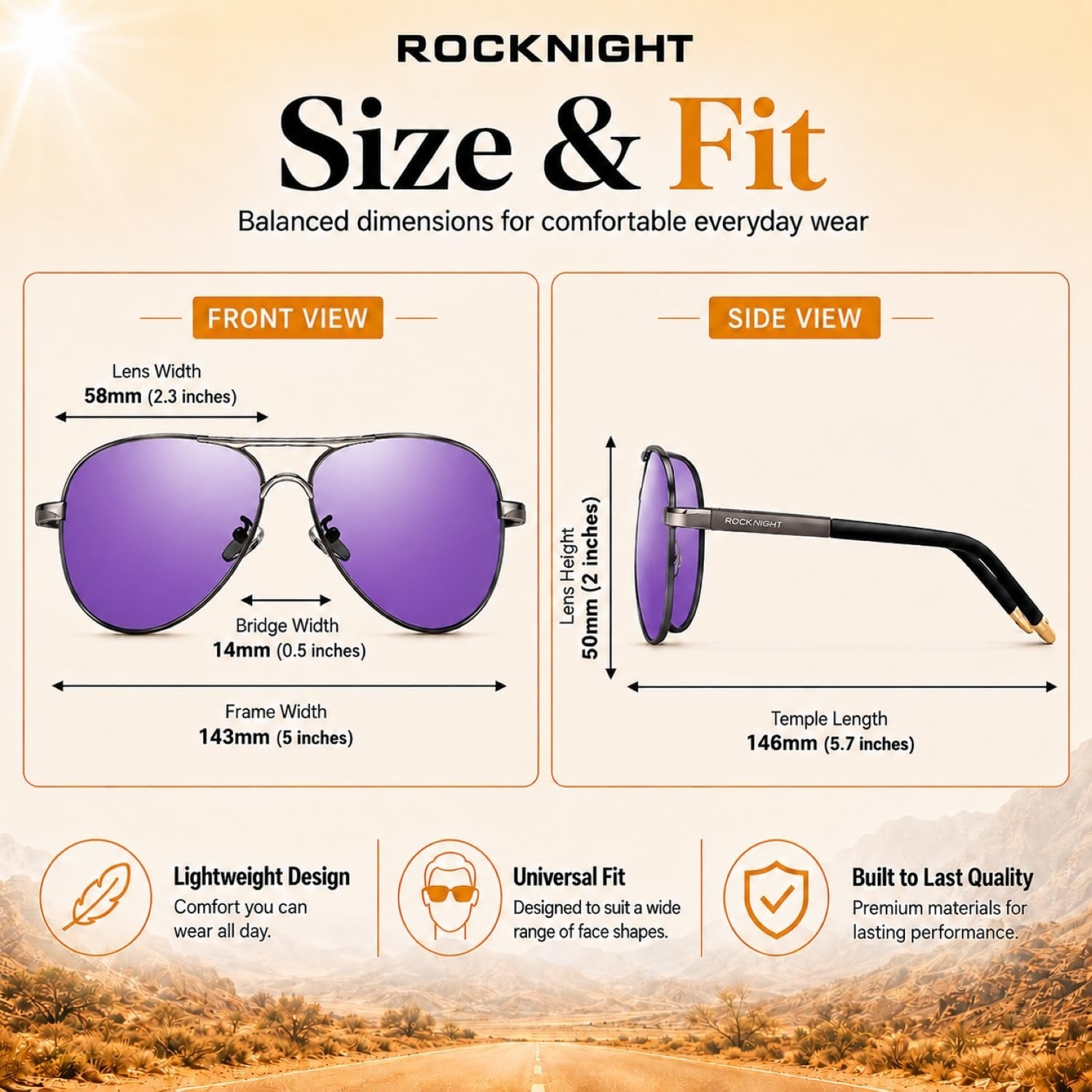 ROCKNIGHT Polarized Aviator Sunglasses UV400 Metal Frame Purple