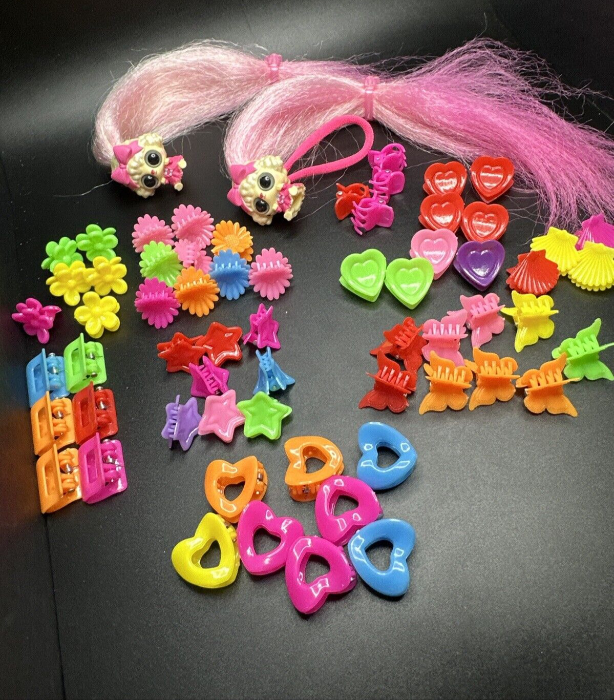Childs Hair Clips Claws & 2 Pop Pop Pets Hair Surprise Pink Long Ponytail Lot