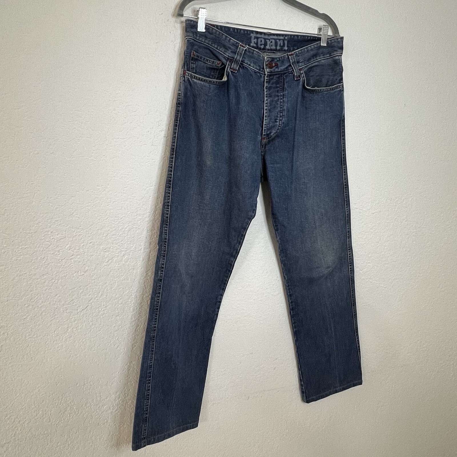 VTG Ferrari Button Fly Blue Denim Jeans Leather Logo Italian Men’s 33×30.5 IT 50