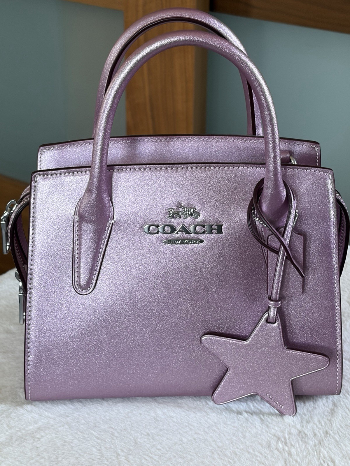 Coach Metallic Pink Small Satchel Top Handle Zip Bag Star Charm