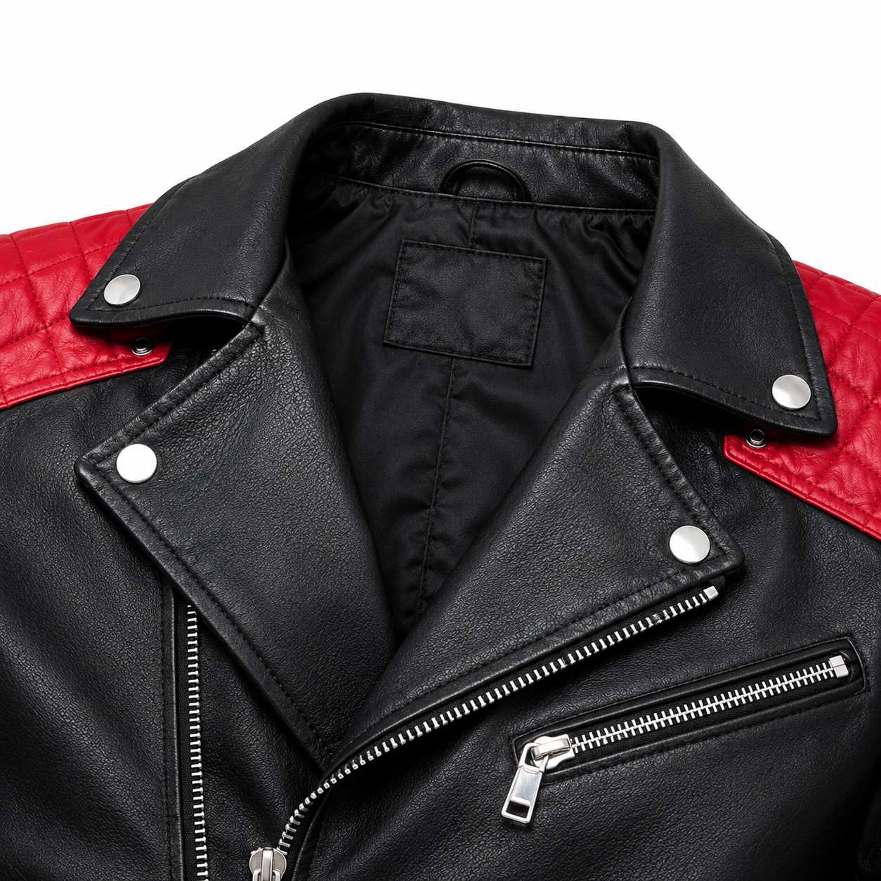 Men’s Black Leather Motorcycle Biker Jacket Red Quilted Slim Fit S-3XL