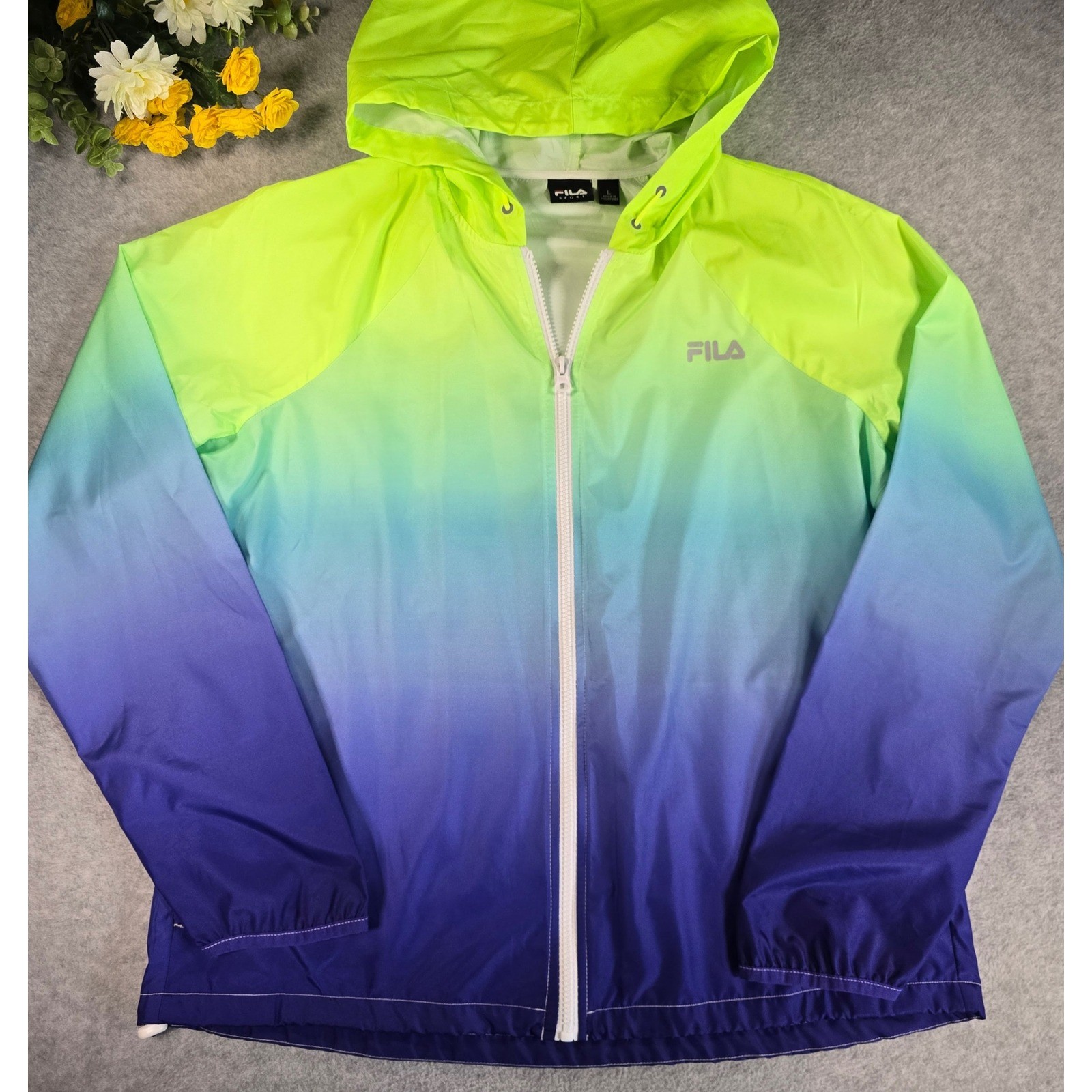 Fila Sport Womens Windbreaker Hooded Jacket Neon Green Blue Ombre Large L