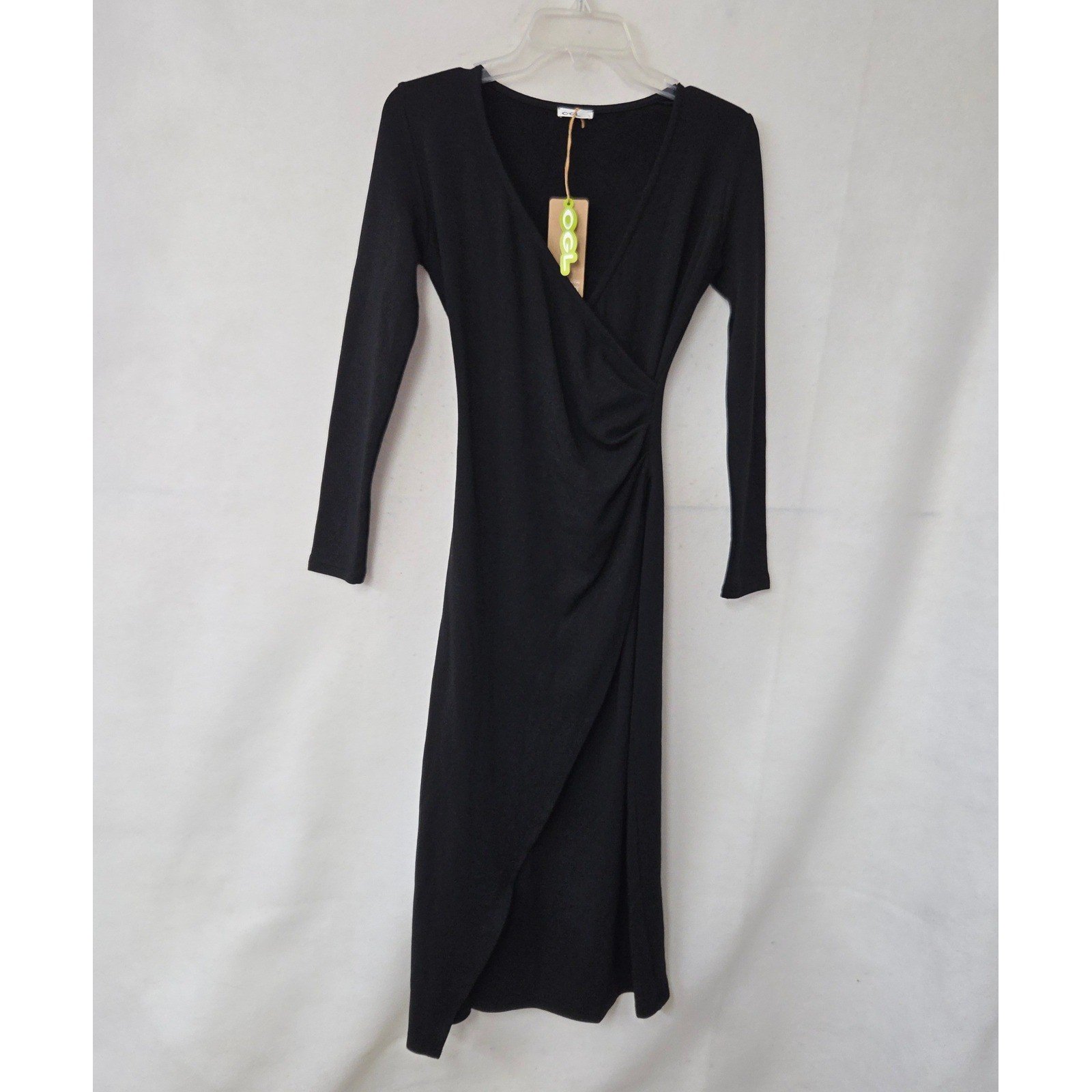 OGL Surplice Wrap Midi Dress Women Small Black Long Sleeve Thermal Fleece V-Neck