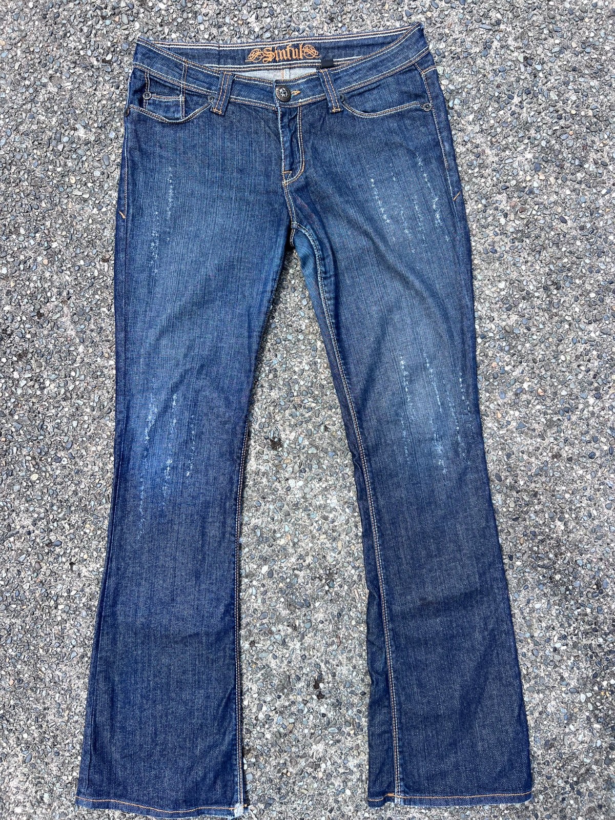 Sinful by Affliction Cross Pocket Bootcut Jeans 30×34 Y2K Dark Wash Distressed