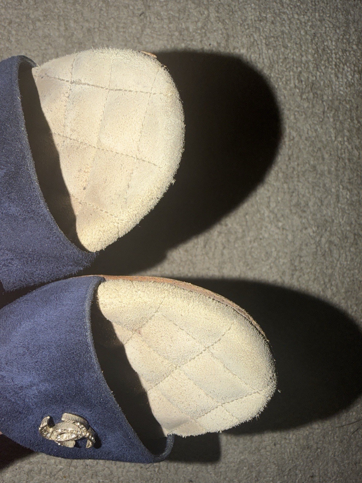 Chanel Blue Suede Slip On Sandals With Crystal and Gold CC’s