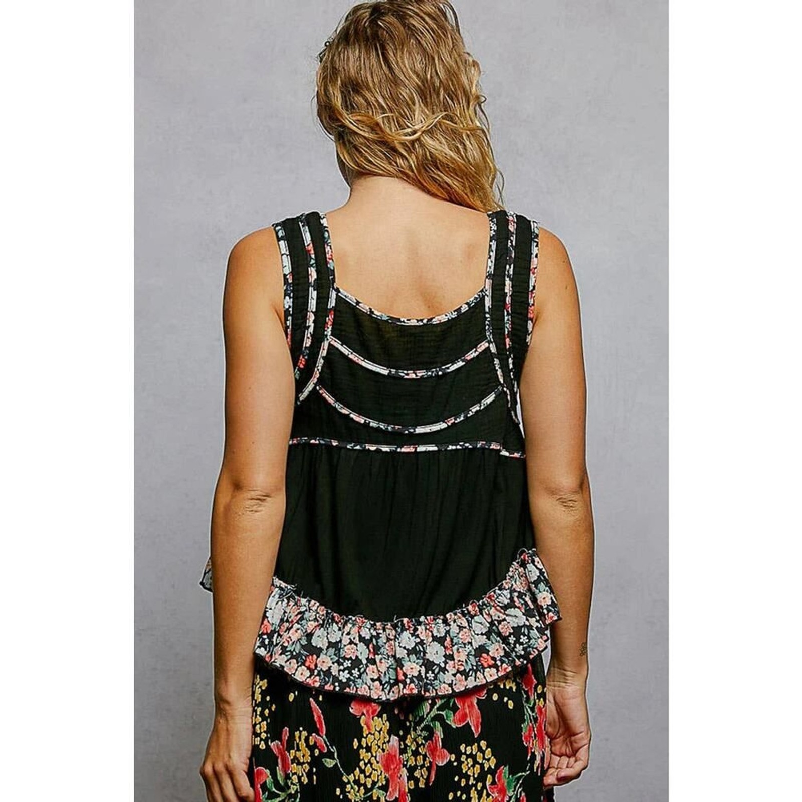 POL Square Neck Jersey Floral Trim Boho Tank Top – Pale Sky