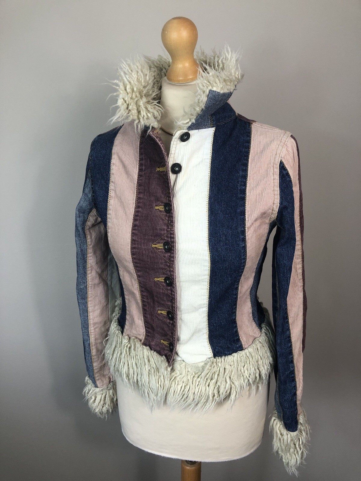 Miss Posh Denim Cord Striped short Penny Lane Afghan coat Jacket Size 8