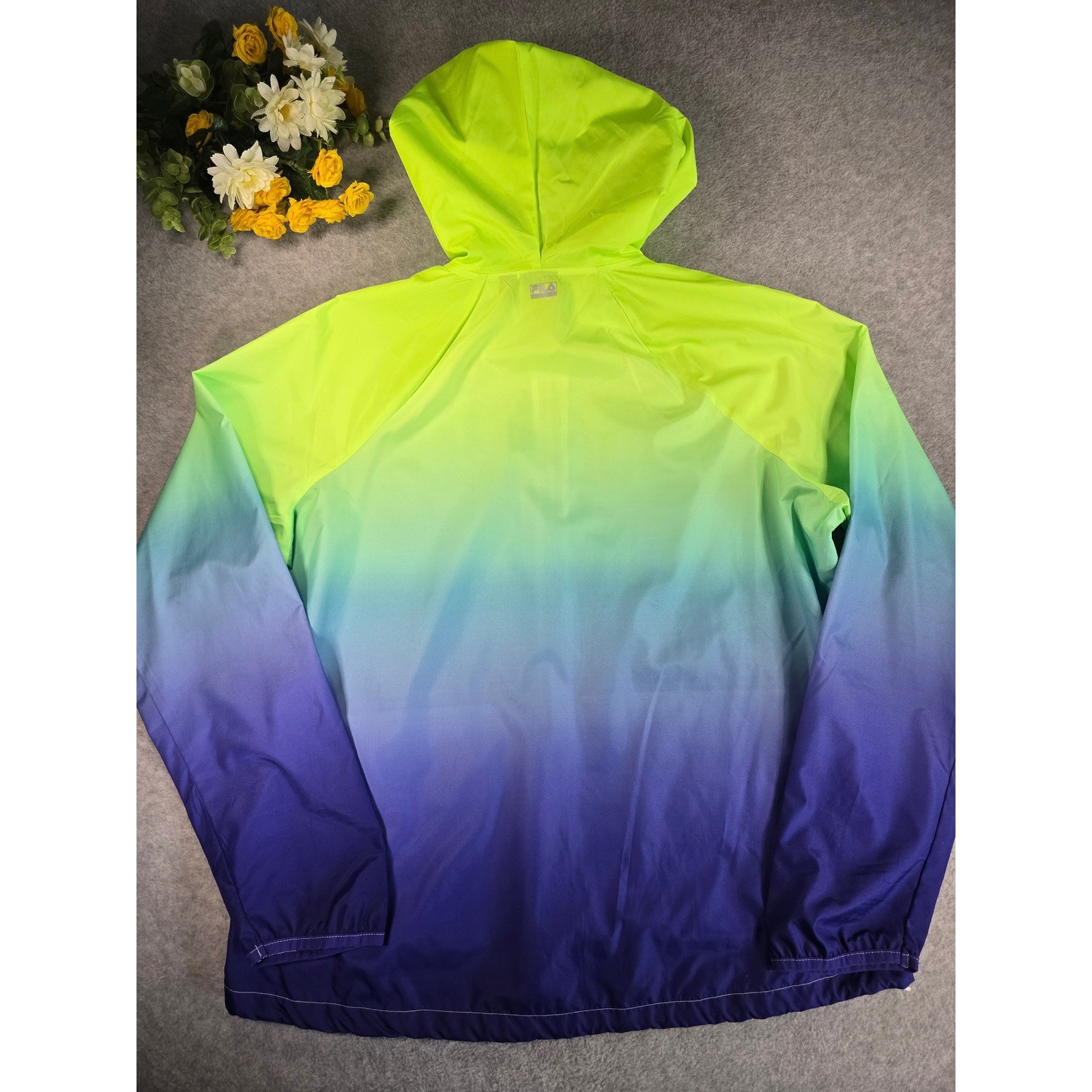 Fila Sport Womens Windbreaker Hooded Jacket Neon Green Blue Ombre Large L