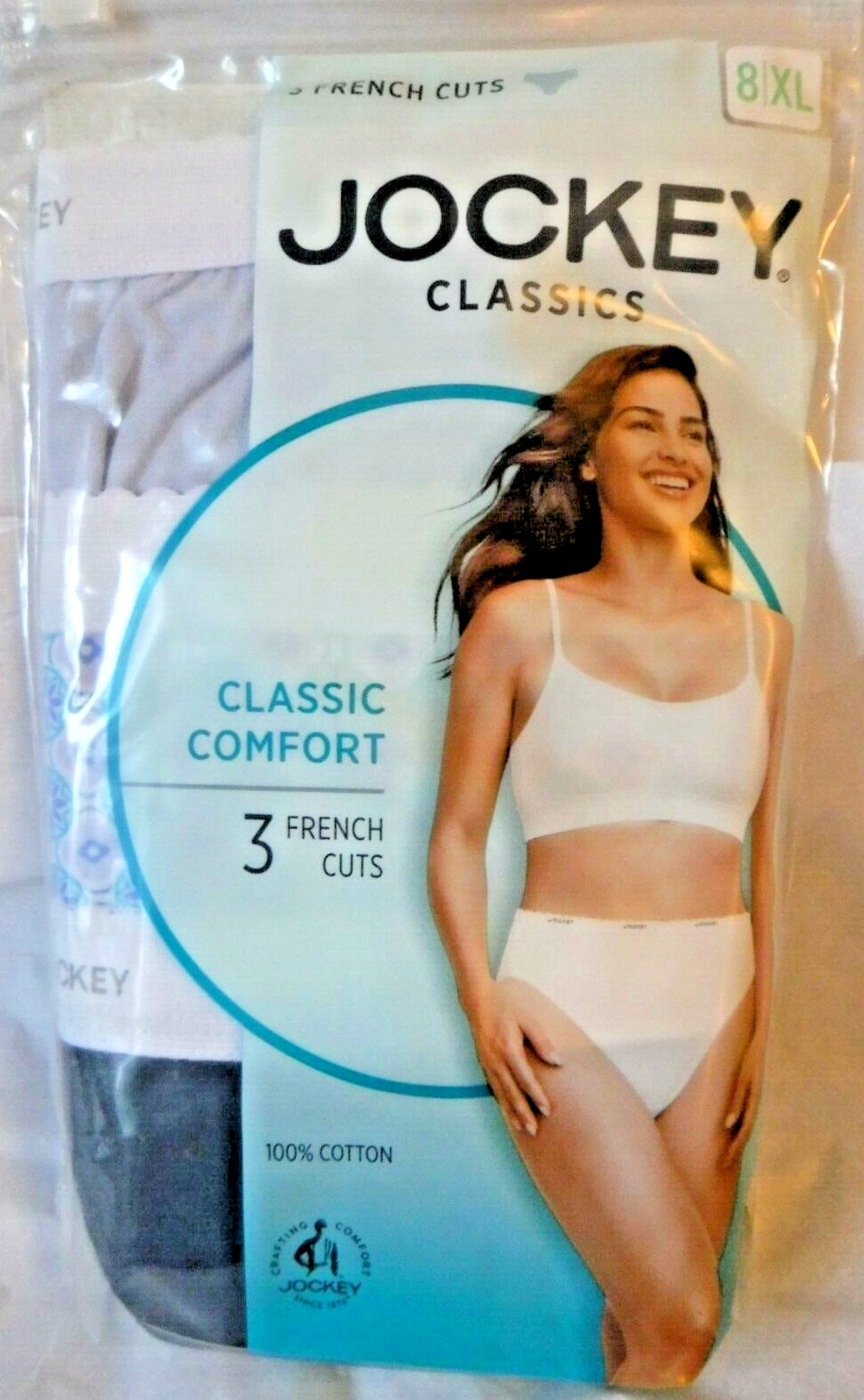 Jockey Classics 3 French Cuts white elastic waistband size 8 blue geometric mix