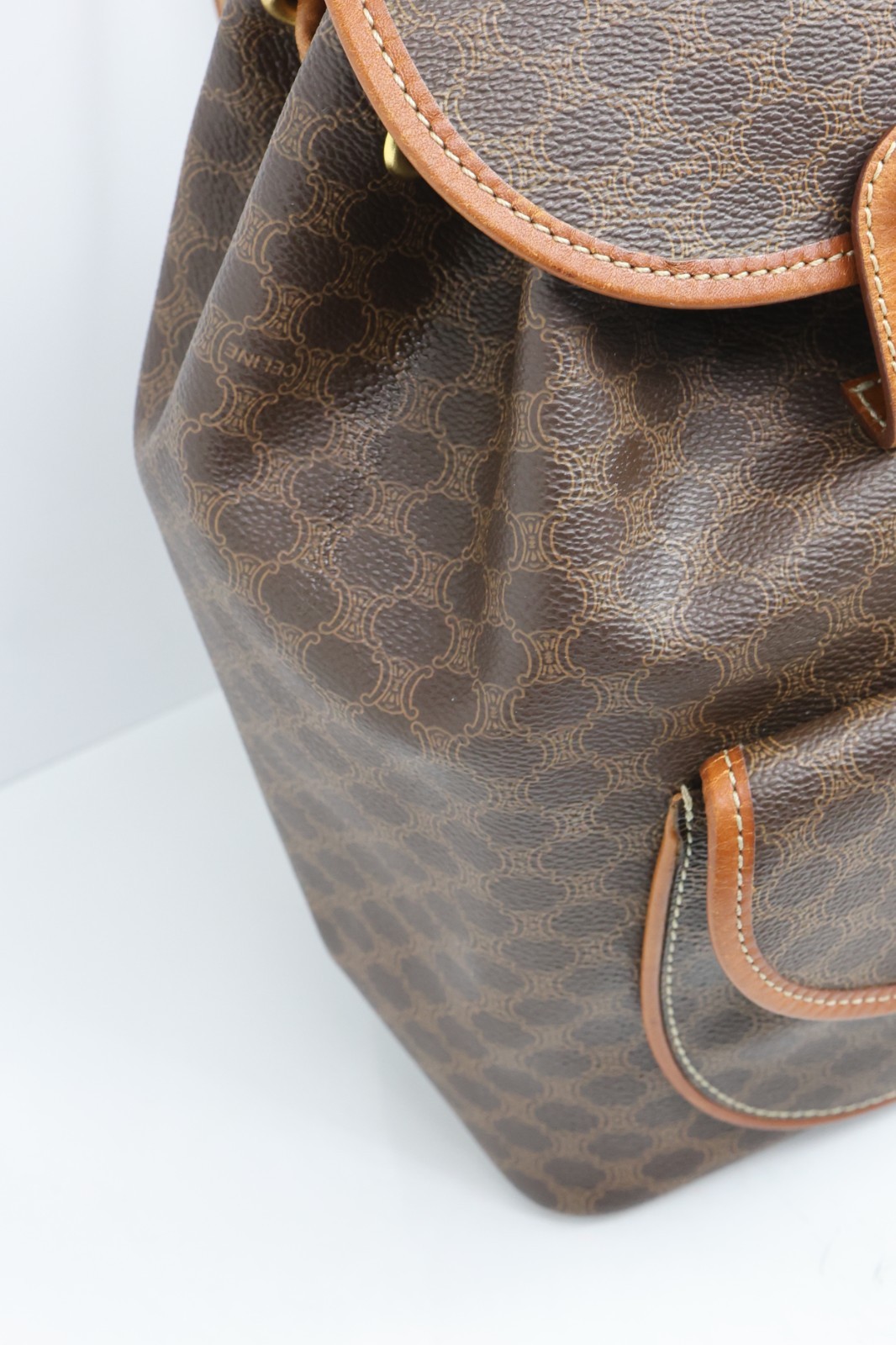 Authentic CELINE Macadam Canvas Backpack Brown PVC Leather Vintage Bag France