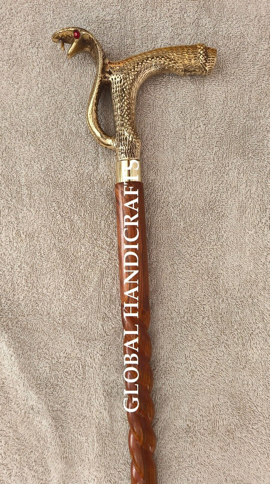 Nautical Brass Designer Snake Handle brown wooden SPIRAL curved walking stick