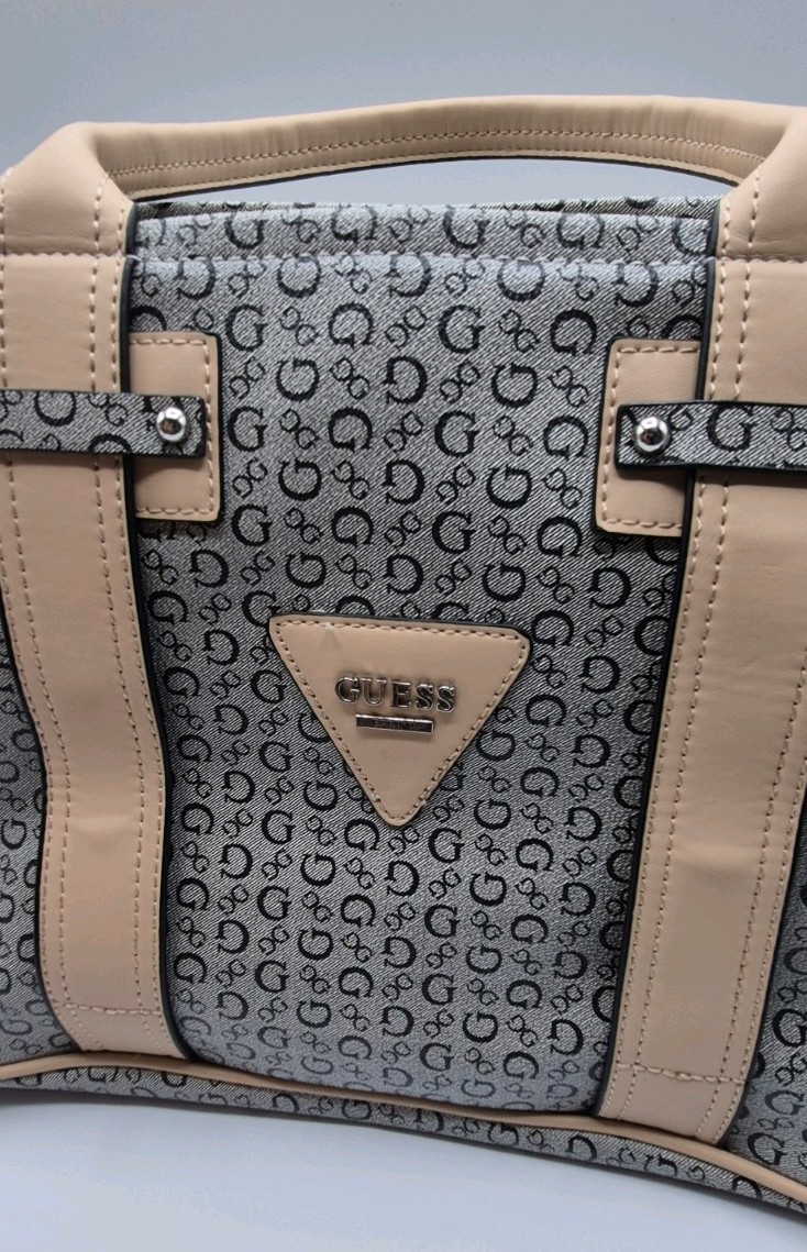 Guess Monogrammed Signature Pattern Satchel Tote Purse Bag Grey & Beige – VGC