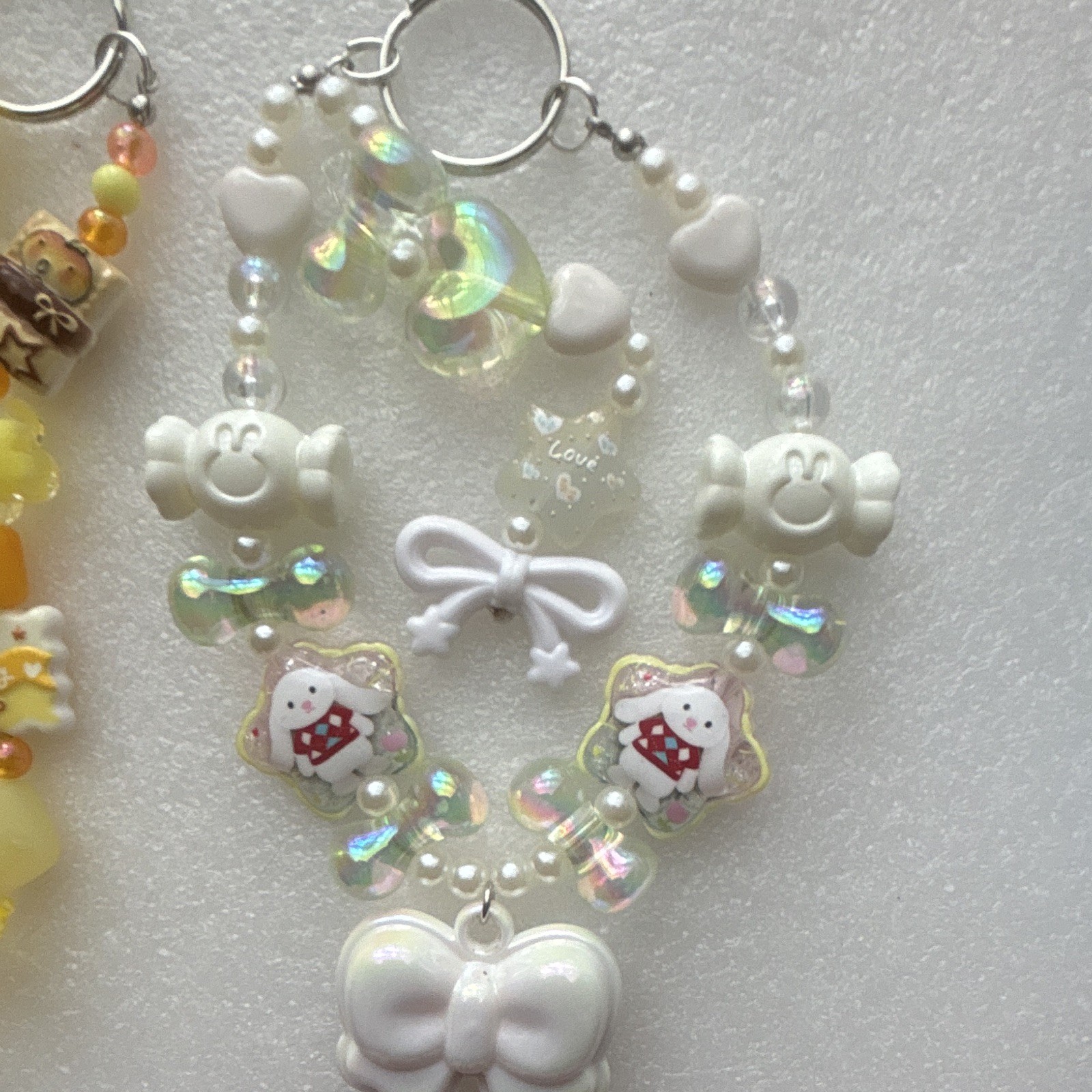2 Kawaii Bunny Beaded Key Chain Keyring for Women, Yellow White Iridescent