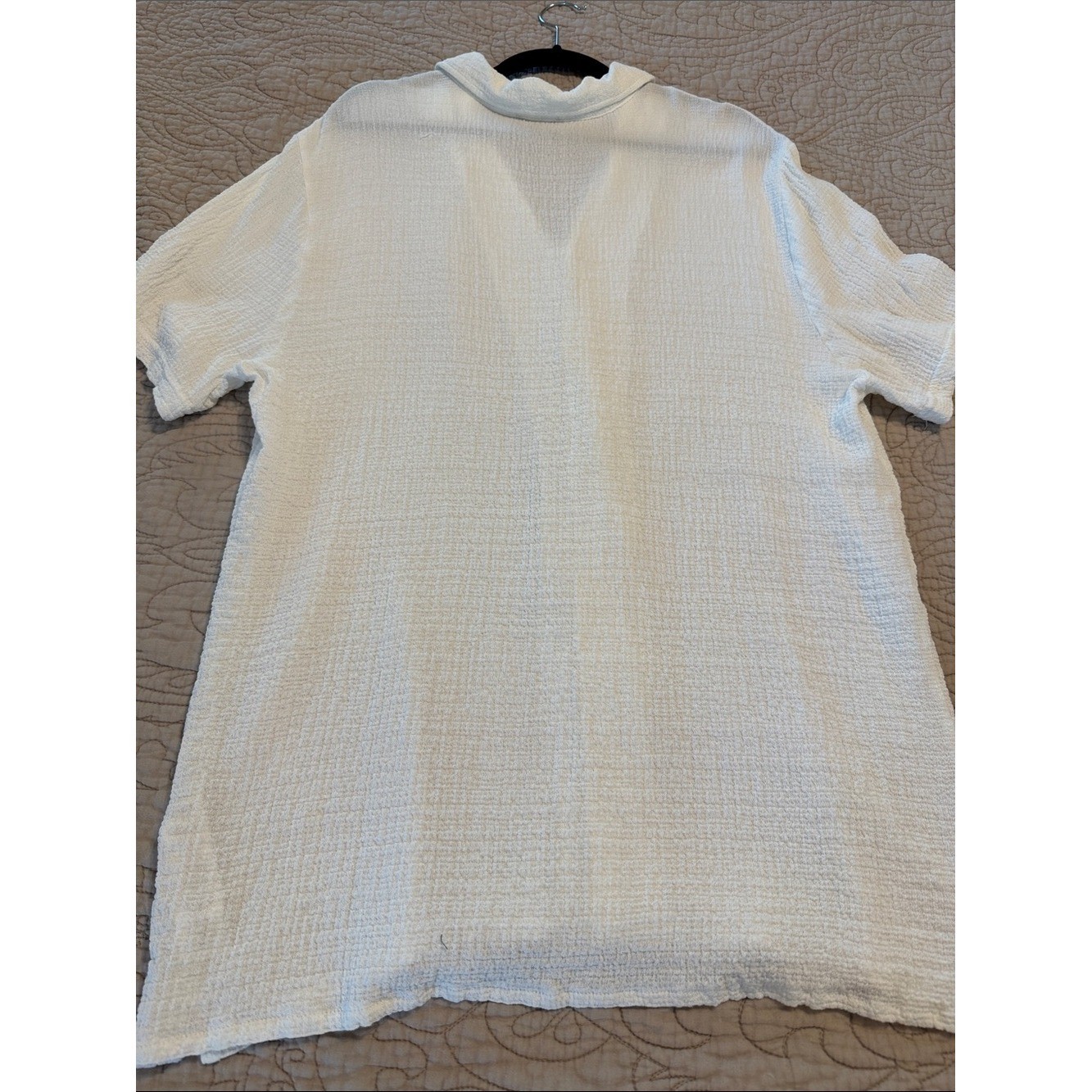 White Textured Short-Sleeve Button Shirt Beach Vacation Poolside