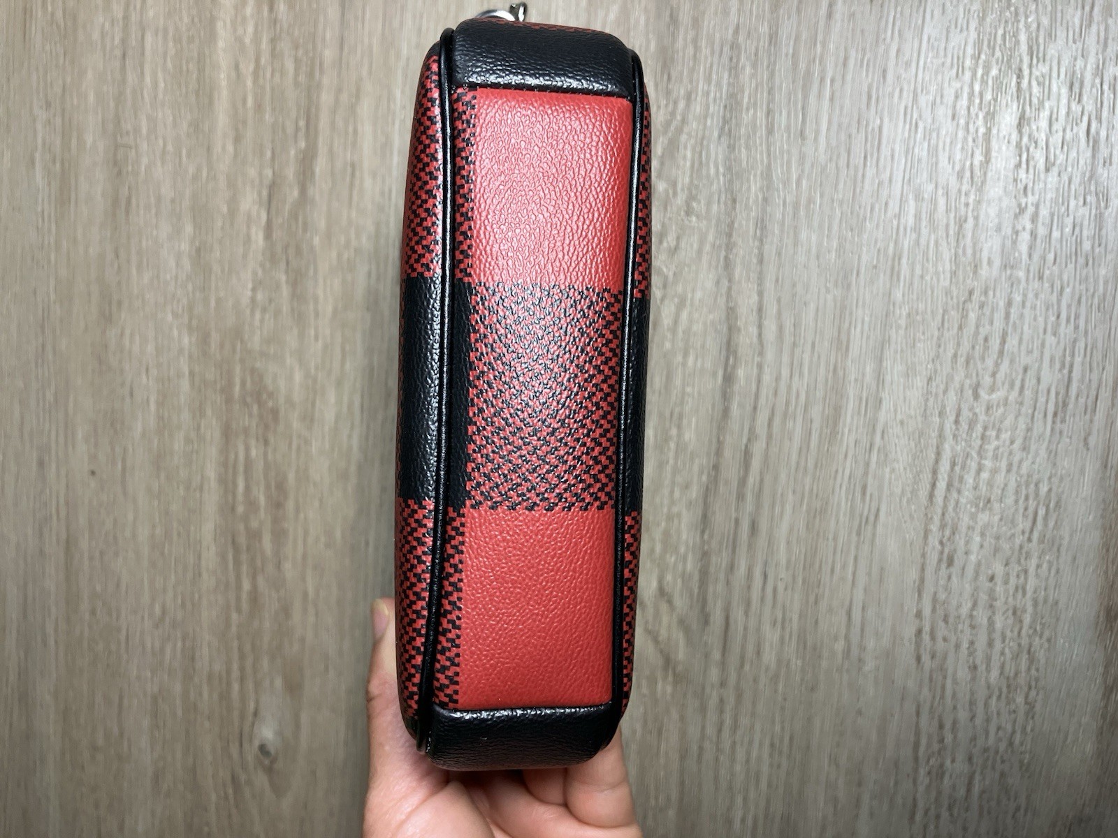 COACH Nolita 15 Zip Wristlet Pouch Red Black Buffalo Plaid Vegan Leather C1580