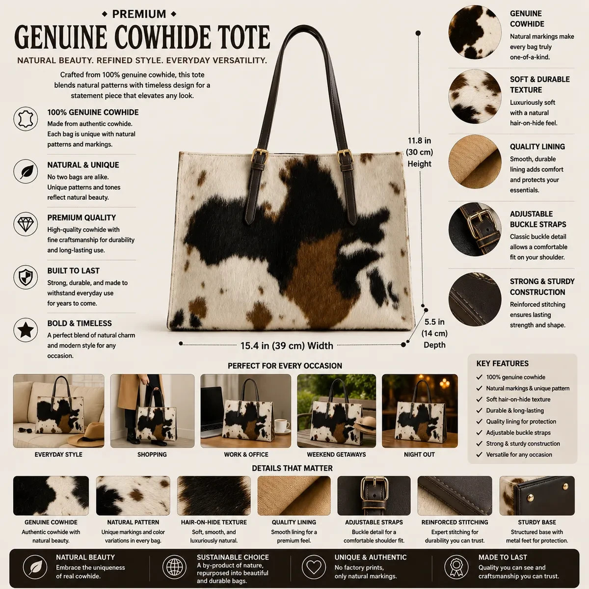 Handmade Natural Tricolor Black Brown & White Hair-On Cowhide Leather Bag