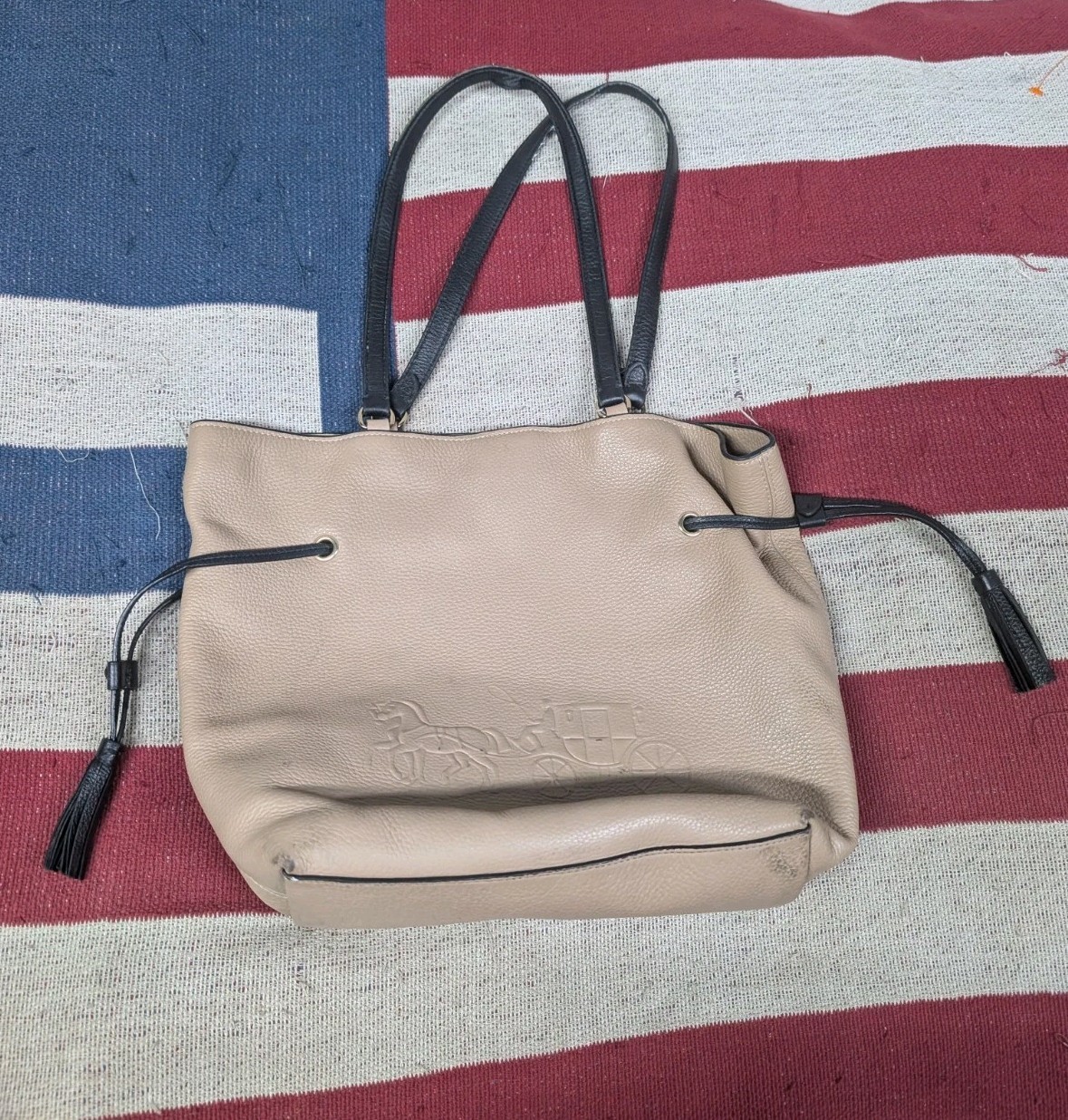 Coach Andy Tote Shoulder Bag Horse And Carriage pebble leather Tan/Black CA165