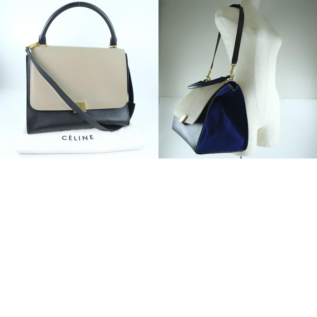 CELINE 2WAYShoulder Trapeze Handbag Black / blue / beige Calfskin/Suede Women