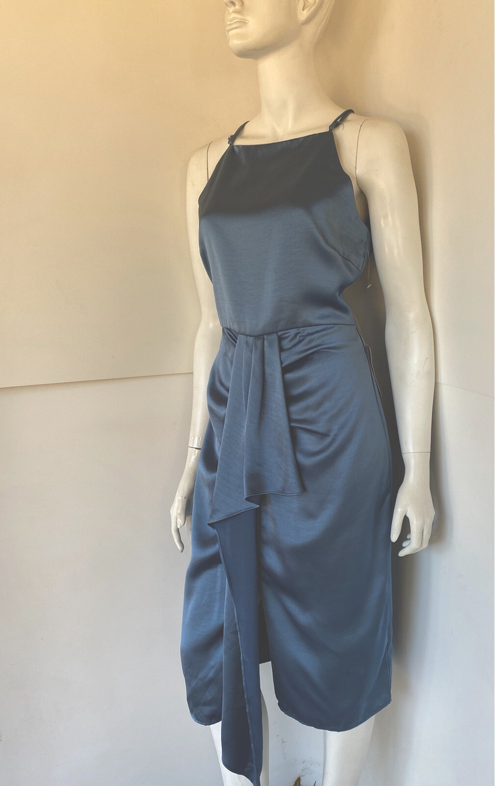 Harlyn $146 Blue Square NeckSpaghetti Strap Ruched Satin Midi Dress M