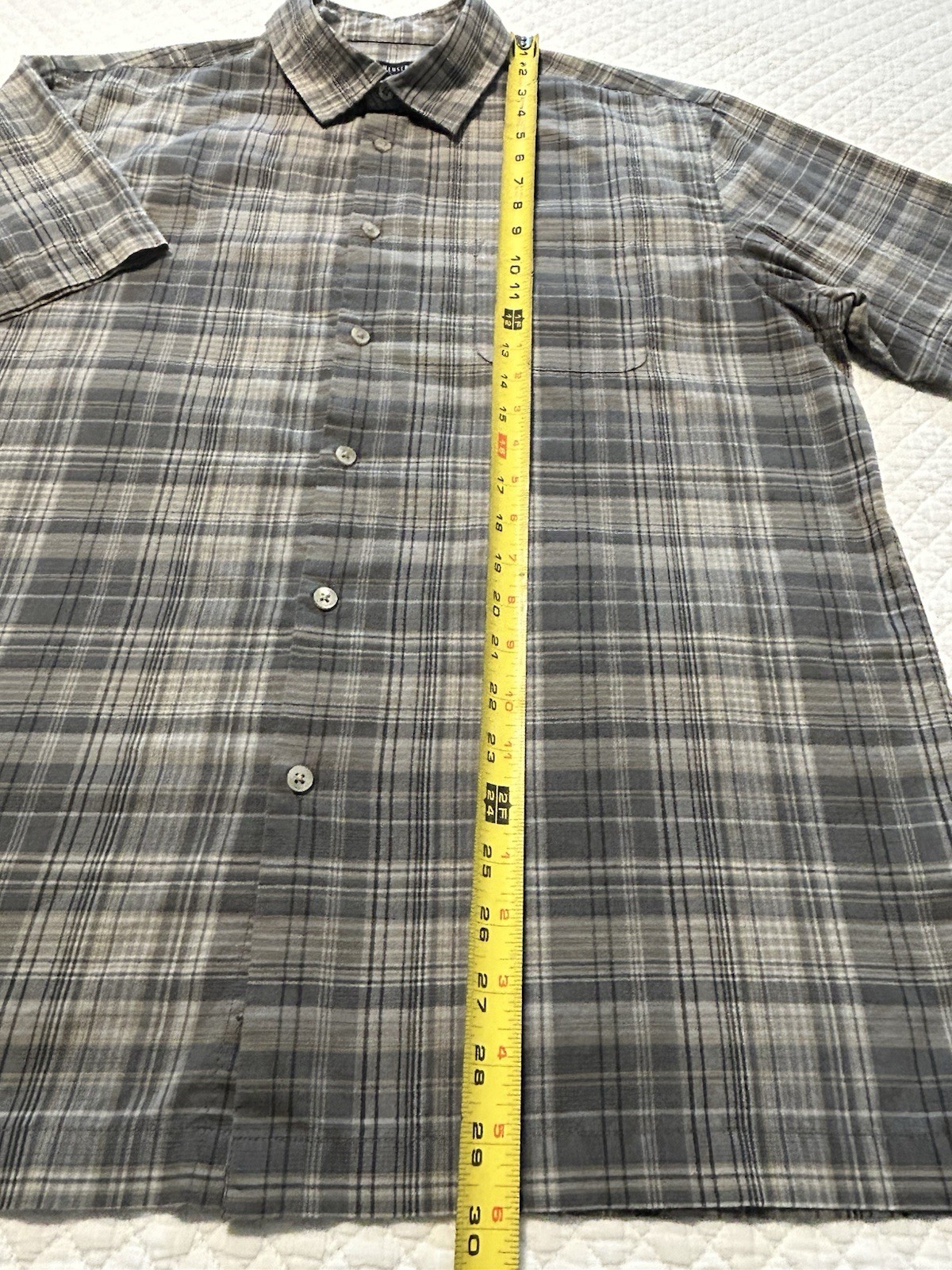 Van Heusen Men’s L Gray Plaid Short Sleeve Button-Up Woven Pockets Shirt (117)