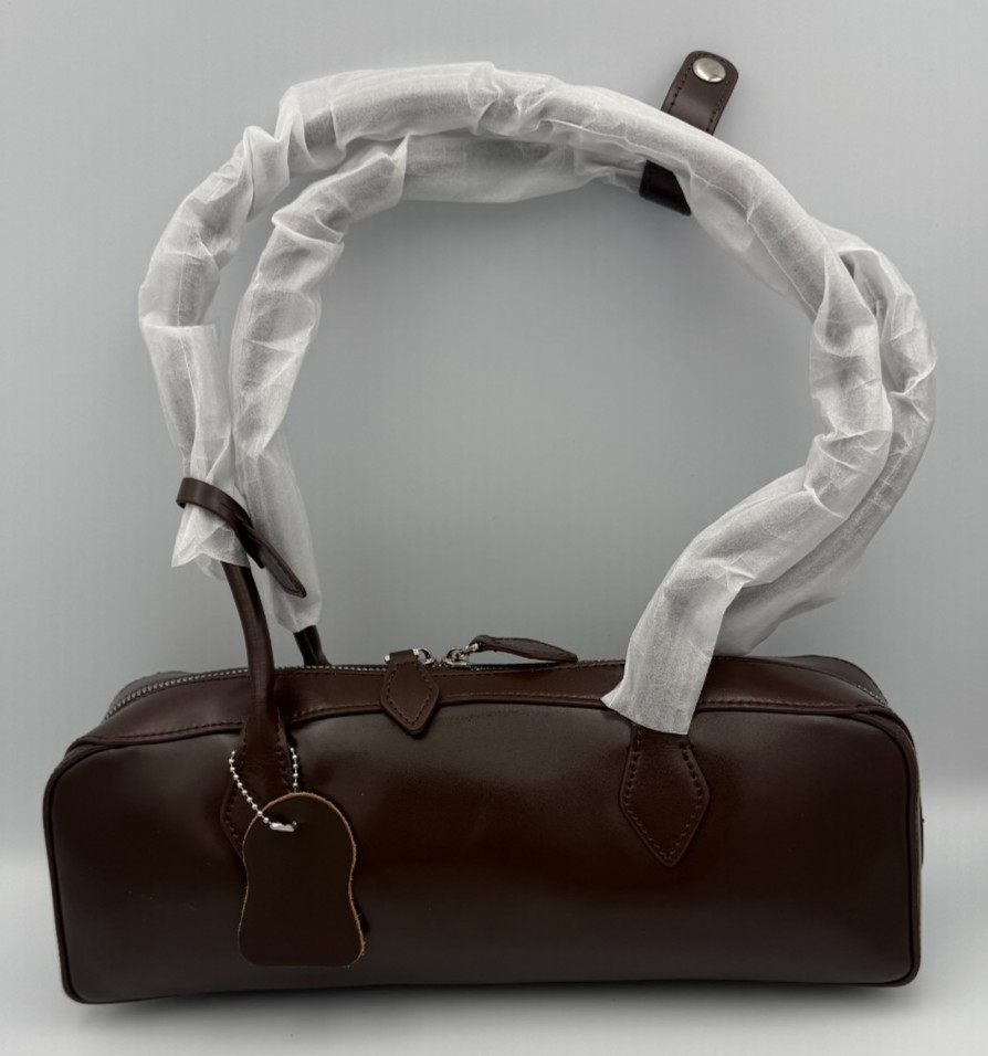 Unbranded Brown Leather East West Shoulder Bag Minimalist Barrel Purse 12×4.5×5